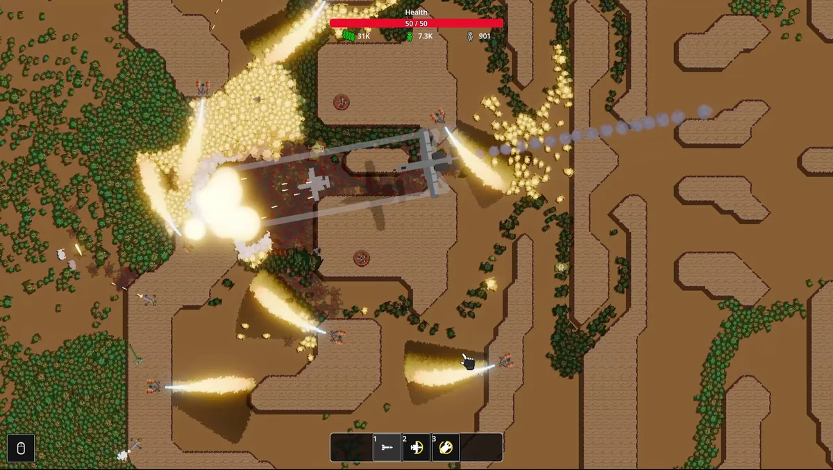 Top-down view of a brown and green battlefield in Sir, We Have an Orc Problem, with turrets firing yellow cones into an orc horde while an aircraft crosses the map leaving bullet trails