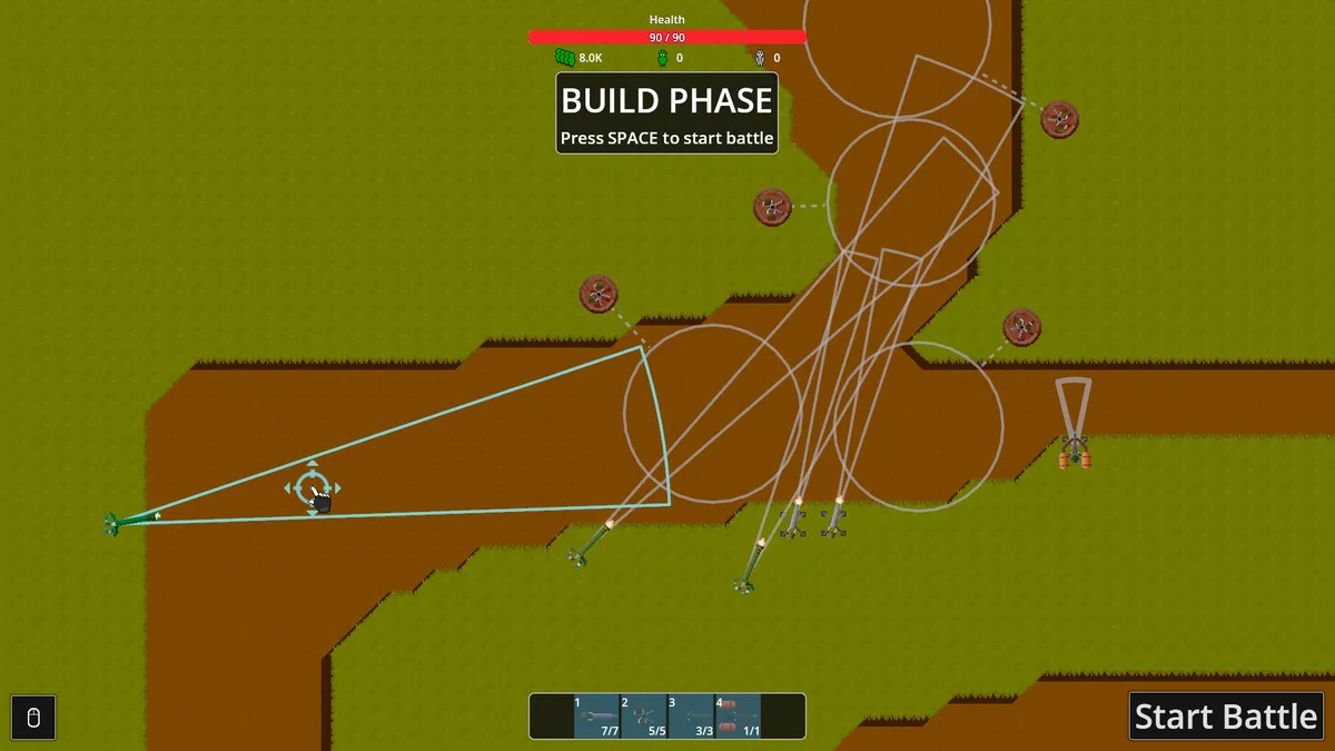 The build phase in Sir, We Have an Orc Problem: turret range circles drawn over a green and brown map, with a Press SPACE to start battle prompt and four weapon slots along the bottom